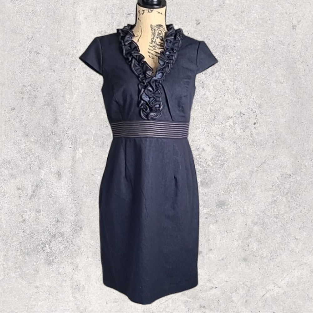 Sandra Darren Black Ruffle V-Neck Midi Dress